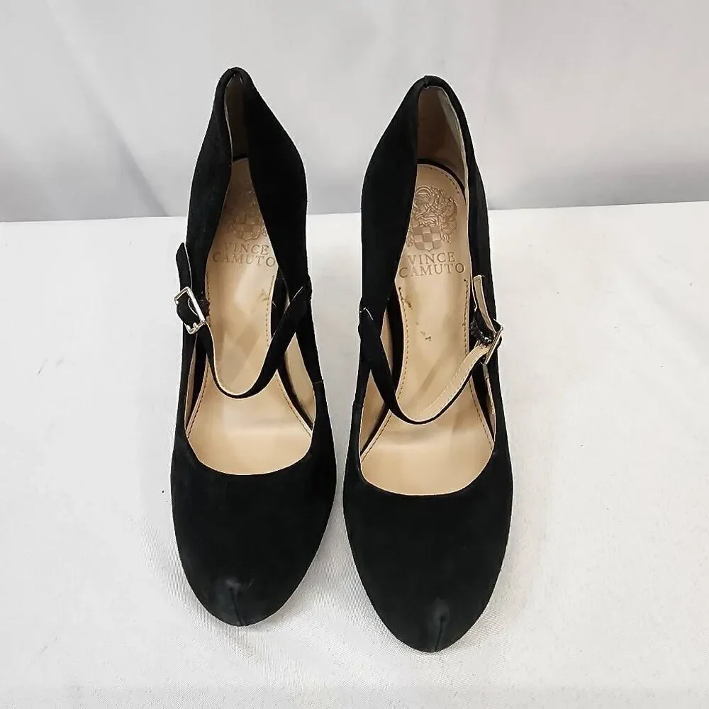 Vince Camuto Womens Beverly Mary Jane Pump Size 6.5 Black Suede Heel Dress Shoe